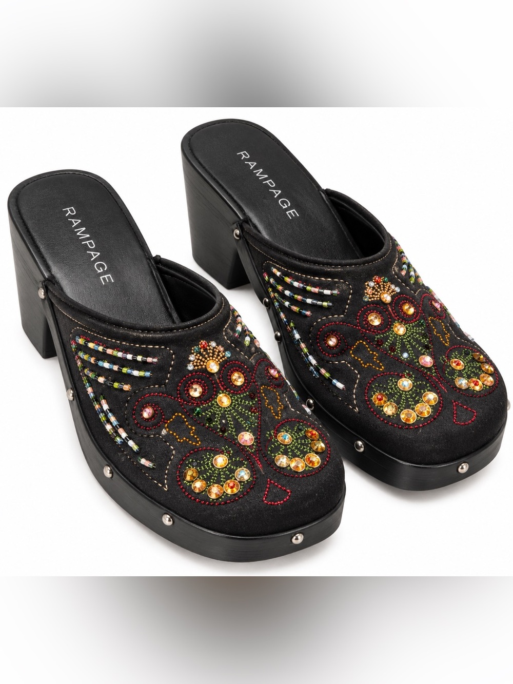 Rampage Black Beaded Embroidered Clog Mules Size 7.5 Y2K Boho